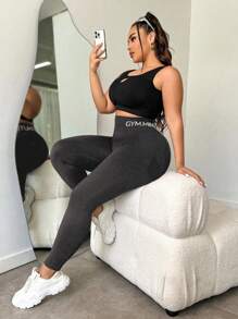 Easithlete Plus Size Women High Waist Letter Print Elastic Tight Leggings