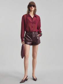 Ontre 极简优雅拼接2025新款女士短裤，酒红色，PU材质，低腰，休闲/商务，秋季日常服饰，优雅短裤 - 酒紅色 - 查看 5