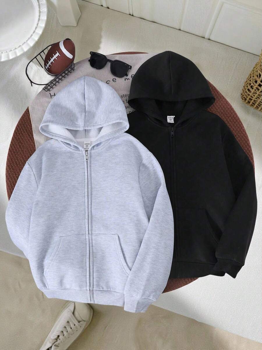 SHEIN 2pcs Tween Girls Casual Cute Daily Comfortable Simple Knit Black & Gray Hooded Long Sleeve, Suitable For Outings, School, Daily Gatherings, Autumn/Winter Season