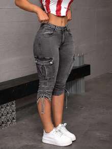 SHEIN EZwear 女式休闲水洗侧抽绳修身工装牛仔裤 - 淺灰色 - 查看 5