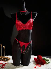 SpicyHot 3 pièces Ensemble de soutien-gorge à armatures en satin et dentelle avec porte-jarretelles et string, Ensemble de lingerie sexy pour femmes, Sortie - Rouge - Voir 8