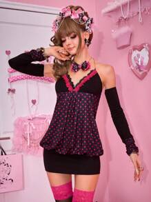ROMWE J-Fashion Women's Polka Dot Print Splicing Lace Halter Short Dress With Arm Sleeves - Black - View 5