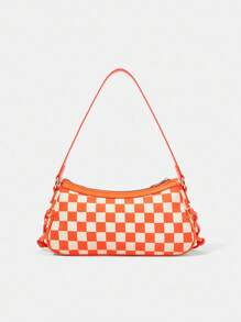 LOONEY TUNES X SHEIN Túi đeo vai buộc dây họa tiết caro thời trang đơn giản cá tính, thích hợp đi học, mua sắm, mặc hàng ngày, phong cách Y2K - trái cam - Xem 5