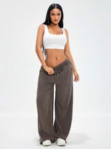 Radiana 复古水洗棕色休闲宽松低腰阔腿裤，美式街头风超大超长裤 - 棕色 - 查看 4