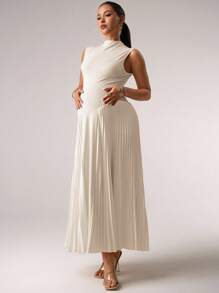 MaterniChic 孕妇纯色褶边无袖休闲连衣裙婴儿洗礼夏季服装孕妇装 - 杏色 - 查看 5