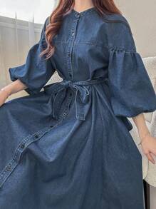 FRIFUL Casual Women Light Wash Denim Shirt Dress With Flared Hem And Bishop Sleeves Denim Dress Long Sleeve Denim Dress Women Denim Dress Blue Denim Dress - Light Wash - View 6