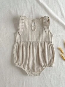 Loomiva Baby Girl Solid Color Round Neck Sleeveless Bodysuit With Bow Decor Baby Bodysuit Baby Summer Bodysuit Striped Baby Bodysuit Linen Baby Bodysuit - Apricot - View 2