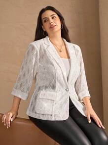 SHEIN Clasi Blazer blanc en dentelle pour femmes de grande taille, style printemps/été, col cranté élégant, patchwork de dentelle et sequins. Blazer en dentelle blanc pour retour à l'école, homecoming, tenue de bureau décontractée, femmes rondes, country, concert country, old money. Blazer en dentelle blanc pour femmes, tenue de bureau décontractée, femmes rondes, gothique