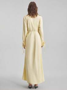 Ontre Women's Pale Yellow Autumn Elegant Tea Party Satin Wrap Dress,Long Sleeve V-Neck Tie Collar Waisted Loose Casual Business Commuter Mid-Length Dress - Yellow - View 3