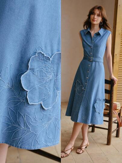 EMBROIDERY APPLIQUES BELTED DENIM DRESSMotf