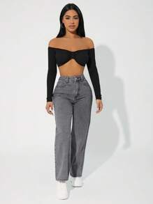 SHEIN PETITE High Waist Straight Leg Slant Pocket Casual Jeans - Grey - View 5