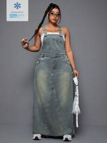 SHEIN EZwear Plus Size Women Summer Casual Loose Pocket Denim Jumpsuit Dress,Back To School