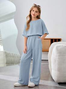 Firerie Kids Firerie Kids Bộ 2 món Nova Glow Tween Girl Vacation Casual Solid Color Round Neck Short Sleeve - Màu xanh nhạt - Xem 2