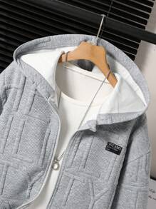 1pc Teens' Casual Simplistic Letter Jacquard Hooded Long Sleeve Jacket, Suitable For Everyday Wear, Autumn/Winter Fall - Grey - View 5