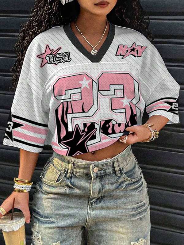 Slaydiva Tricou minimalist casual de primăvară-vară 2025, streetwear Y2K, grafică cu flacără 23, imprimat, cu decolteu în V, mâneci scurte evazate, din plasă, pentru femei, potrivit pentru vară, evenimente sportive, antrenament