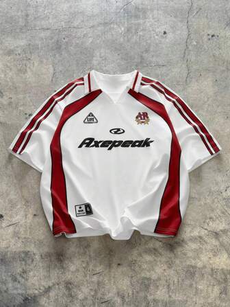 AXEPEAK Men's Summer Casual Contrast Color Letter Print Short Sleeve Polo Shirt