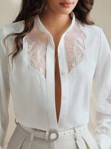 Anewsta Elegant Fashionable Sheer Mesh Embroidered Design White Blouse, Business - White - View 1