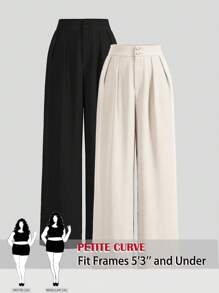 SHEIN PETITE CURVE 夏季高腰裤多件套黑色+卡其色阔腿裤高腰褶皱阔腿裤黑色裤子宽松长裤 - 杏色 - 查看 1