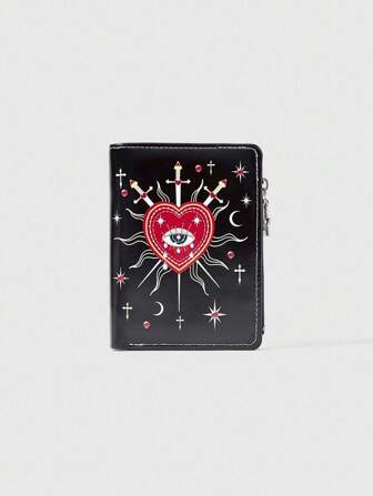 Grunge Punk 1 pezzo Portafoglio nero in stile gotico da donna, con elementi punk da palazzo come foresta, occhi a cuore, gemme, lacrima, occhio, stelle, sole, croce, spada, custodia porta monete multifunzionale adatta per uso quotidiano