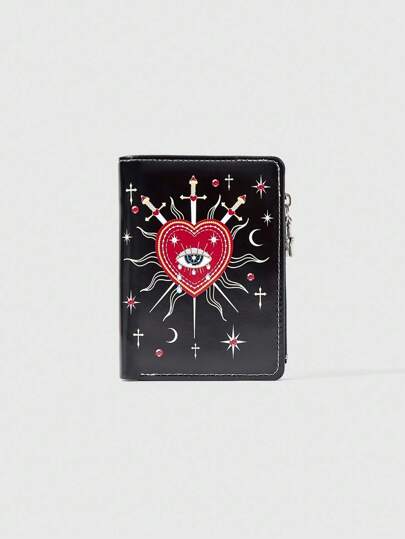 Grunge Punk 1pc Gothic Style Black Wallet For Women, With Palace Punk Girl Elements Like Forest, Heart Eyes, Gem, Teardrop, Eye, Star, Sun, Cross, Sword Designs, Multipurpose Zipper Coin Purse Suitable For Daily Use, Halloween