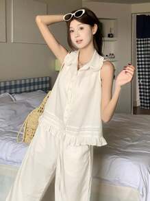 DAZY 女式彼得潘领无袖荷叶边下摆宽松纯色衬衫和阔腿休闲裤两件套 - 白色 - 查看 6