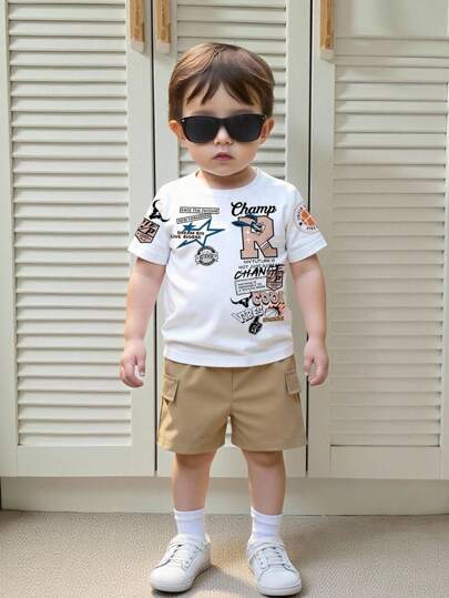 SHEIN 2pcs Baby Boys Summer Outfit, Fashionable Set With Cartoon Letter Print Crew Neck Short Sleeve Top And Solid Color Shorts, Active & Cute, Suitable For Outdoor Activities, Comfortable Homeware, And Casual Gatherings Toddler Summer Boy Clothes Summer Clothes For Boy Toddlers Summer Outfits For Kids Boys Toddler Summer Clothes Boy Summer Outfits