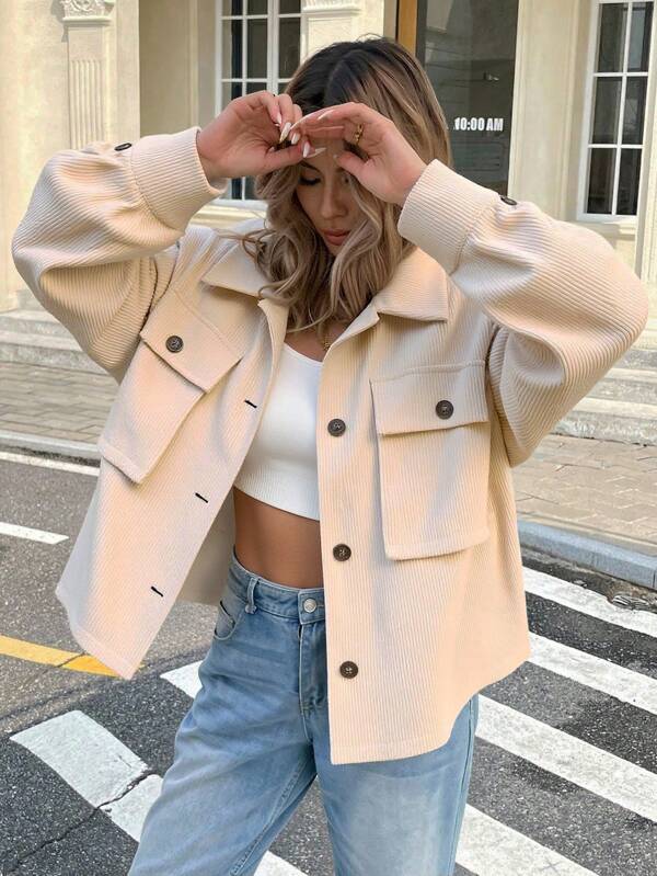 SHEIN Frenchy Flap Pocket Drop Shoulder Corduroy Jacket