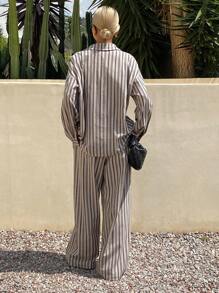 Livesso 2pcs Women Casual Striped Long Sleeve Blouse And Pants Set, Summer