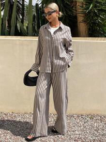 Livesso 2pcs Women Casual Striped Long Sleeve Blouse And Pants Set, Summer