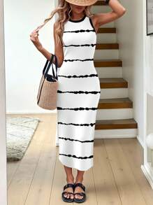 SHEIN LUNE 女士休闲优雅圆领修身无袖中长连衣裙，适合夏季日常穿着，条纹印花