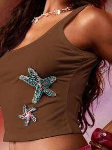 MISSGUIDED Ribbed Scoop Neck Crop Tank Top With Crystal Starfish Applique Beachwear Summer Festival Sleeveless Tank Top For Vacation Resort Holiday - Chocolate Brown - View 5