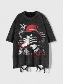 ROMWE MEN Grunge Punk Maglietta uomo con grafica punk di strada e effetto vissuto