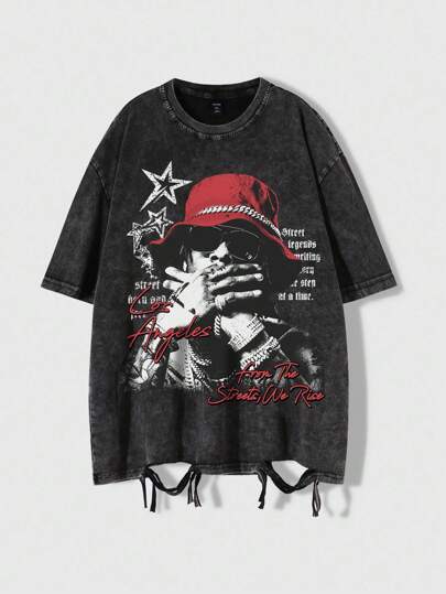 Grunge Punk Men's Character Print Street Punk Graphic Distressed T-Shirt