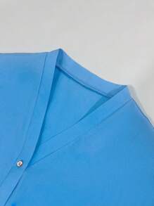 INAWLY 1 Set Plus Size Casual Solid Color Long Sleeve Shirt And A-Line Skirt Fall Cloth For Women - Blue - View 4