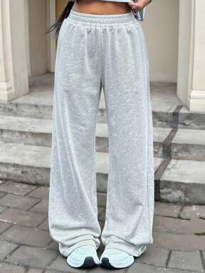 Tween Girl Solid Light Grey Causel Sports Knit Loose Wide Leg Baggy Sweatpants, For Casual Daily Wear Wide Leg Sweatpants Grey Sweatpants Comfy Pants