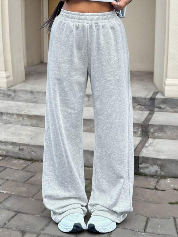 Tween Girl Solid Light Grey Causel Sports Knit Loose Wide Leg Baggy Sweatpants, For Casual Daily Wear