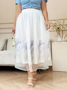 SHEIN Clasi 大码女式印花网眼拼布高腰喇叭裙，夏季 Fairycore 波西米亚风半身裙，夏威夷风情，商务休闲女装，教师风，办公室风，夏季女士，机场，外出，机场旅行，女士办公室着装，白色欧根纱裙