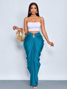 SOLERSUN Women's Fashion Solid Color Gathered Ruched Skirt - Teal Blue - View 3
