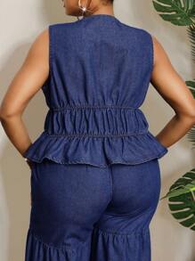 Slaydiva Plus Size Blue Denim Casual Fitted Sleeveless Vest