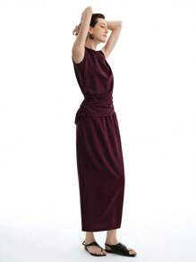 Aalyst 2件套女士夏季简约优雅纯色酒红色褶饰上衣和裤子套装