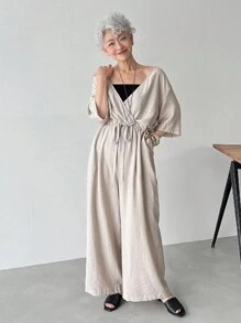 FRIFUL 女士波西米亚风休闲宽松纯色连体裤，短袖夏季抽绳连衣裙，前系带宽松连衣裙，米色连衣裙，V领连衣裙 - 杏色 - 查看 6