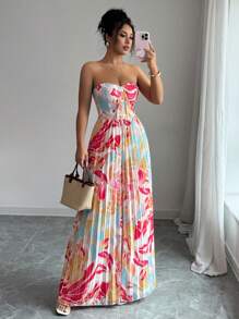 Elenzga Women's Elegant Romantic Printed Jumpsuit With Bandeau Top, Waist Cinched And Wide Leg