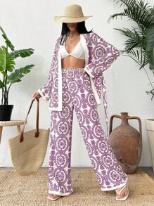 SHEIN Cottnline Women All-Over Print Long Sleeve Kimono And Wide Leg Pants 2 Pieces Set - Lilac Purple - View 3
