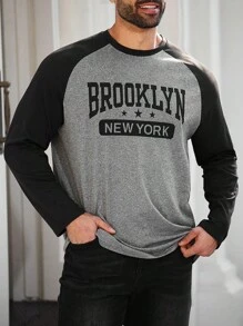 Manfinity Dauomo 男士字母图案插肩袖T恤，适合秋季 - 彩色 - 查看 1