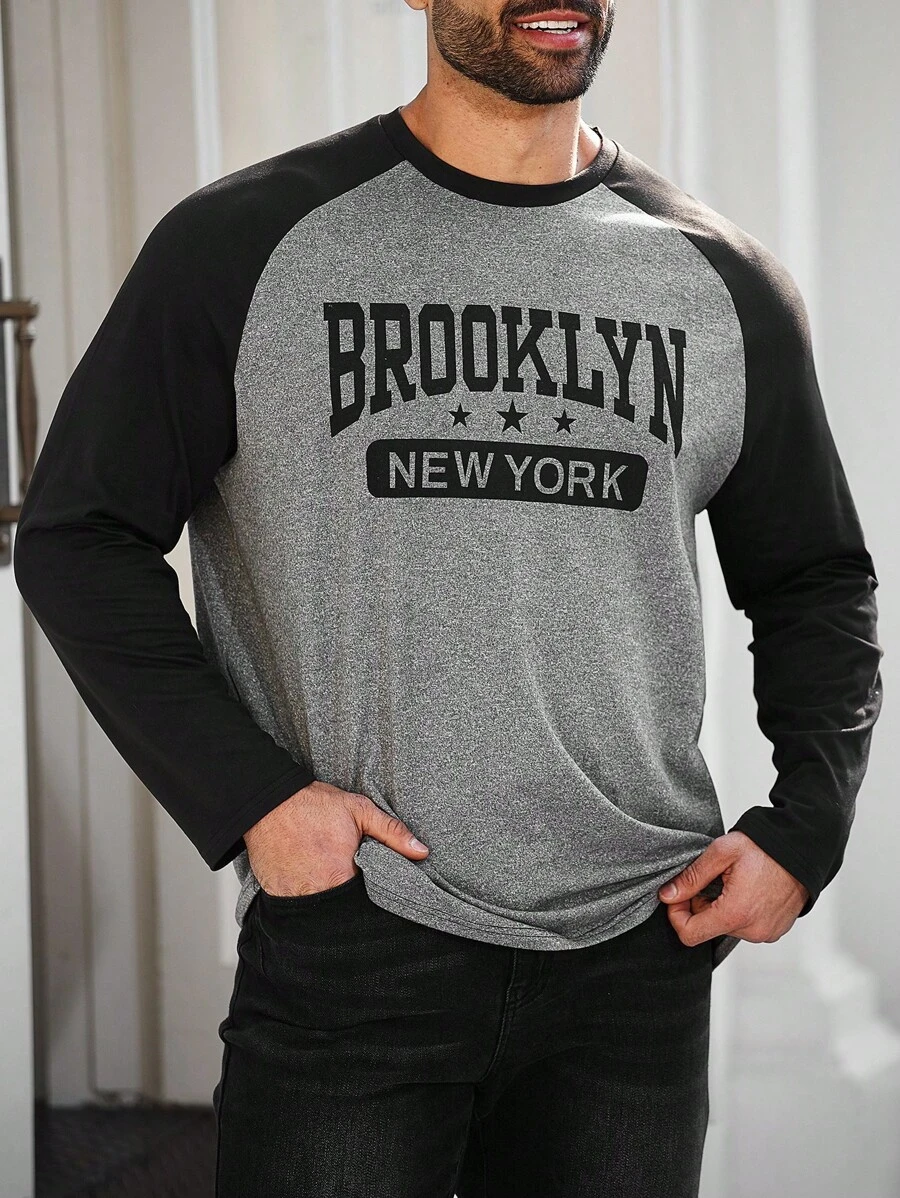 Manfinity Dauomo 男士字母图案插肩袖T恤，适合秋季 - 彩色 - 查看 1