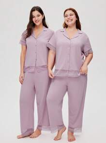 LUVLETTE Bộ đồ ngủ mùa hè cho nữ, chất liệu 100% cotton nguyên chất, thoáng khí, màu hồng tím nhạt, phối ren thanh lịch, kiểu dáng rừng sương, gồm áo ngắn tay cài cúc và quần dài, kiểu dáng thoải mái, thoáng mát, có túi, thích hợp cho không gian sống lãng mạn và ấm cúng tại nhà. - Màu tím - Xem 9