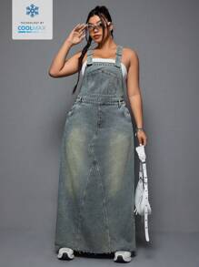SHEIN EZwear Plus Size Women Summer Casual Loose Pocket Denim Jumpsuit Dress,Back To School