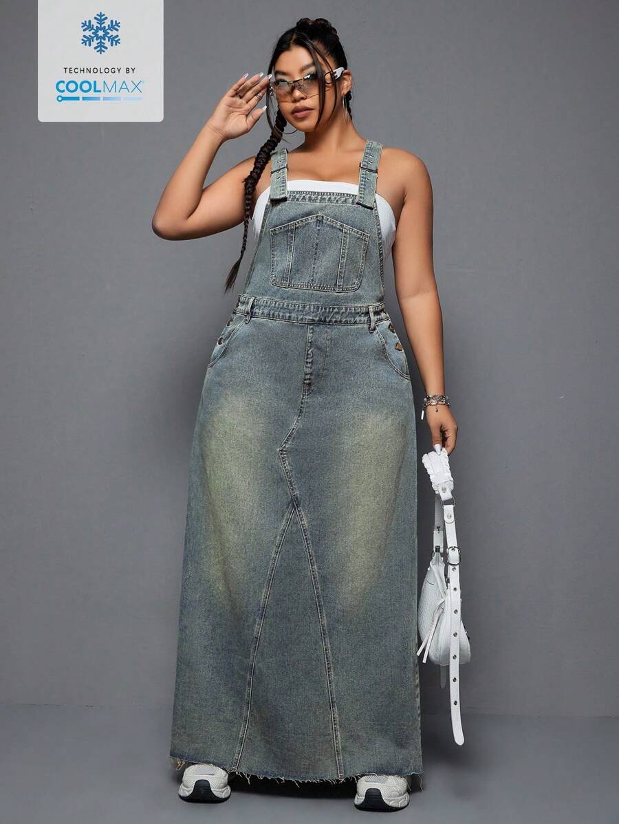 SHEIN EZwear Plus Size Women Summer Casual Loose Pocket Denim Jumpsuit Dress,Back To School