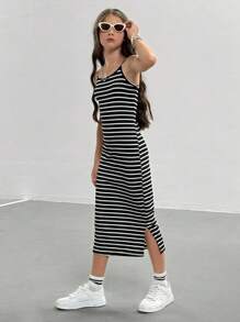 Tween Girl Striped Fitted Side Slit Cami Dress - Black and White - View 1