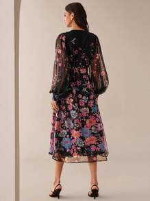 Lilora Women's Elegant Floral Print V-Neck Lantern Sleeve Dress, Floral Dress, Chiffon Dresses For Women, Kimono Dress, Floral Kimono Dress, Black Floral Dress - Black - View 2